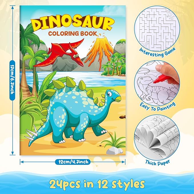 24 Dinosaur Mini Coloring Books Kids with 24 Stacking Crayons Dino