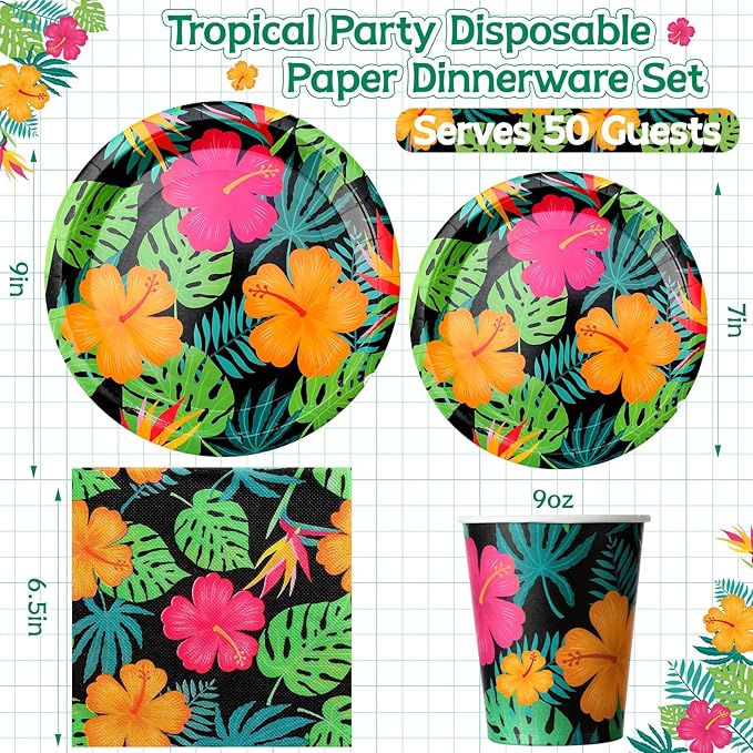 200 Pcs Tropical Nights Hawaiian Aloha Party Supplies Serve 50