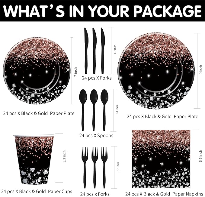 Xigejob Rose Gold And Black Party Decorations Tableware - Glitter