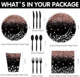 Xigejob Rose Gold And Black Party Decorations Tableware - Glitter