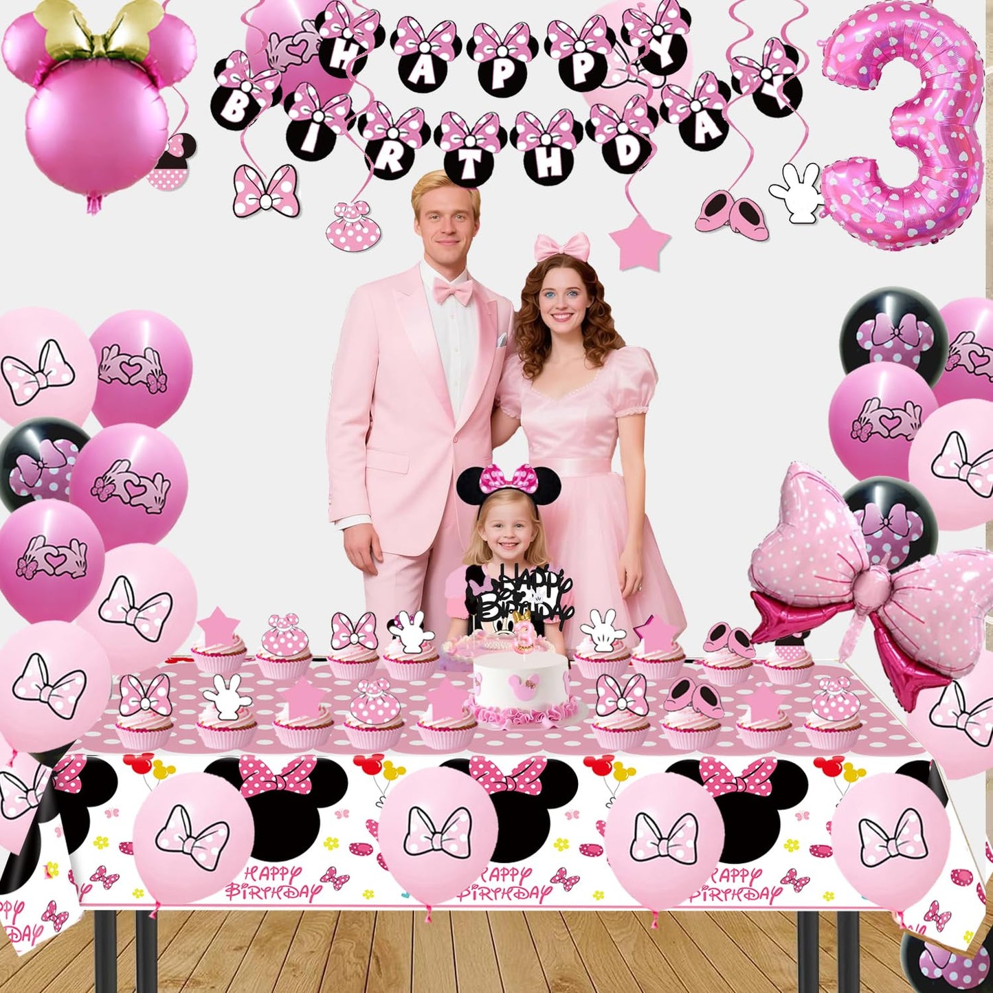 Pink Mouse 3rd Birthday Party Supplies, Three Years Old Girl Bow Party
