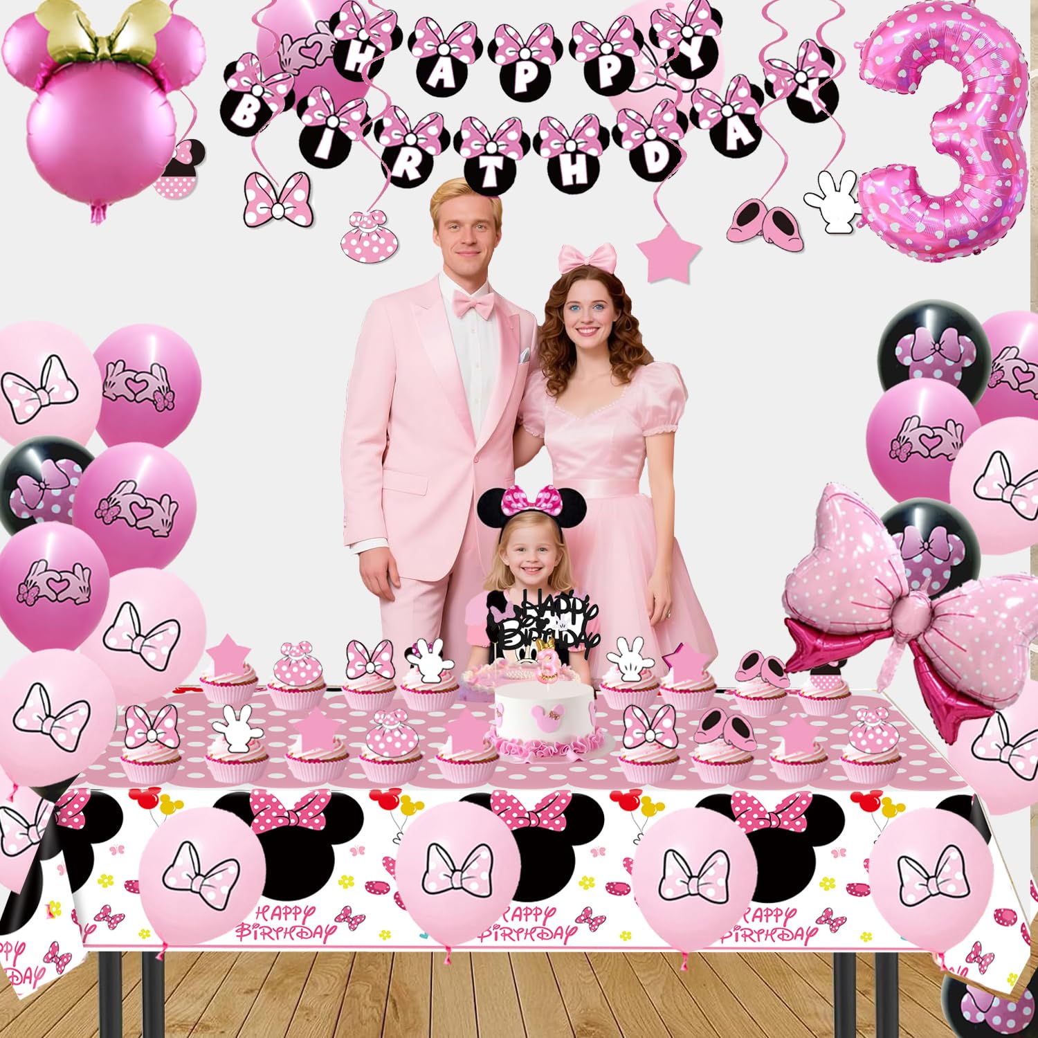 Pink Mouse 3rd Birthday Party Supplies, Three Years Old Girl Bow Party