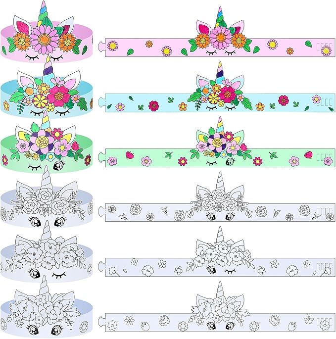 24 Pcs Color Your Own Unicorn Crown DIY Paper Coloring Crowns for