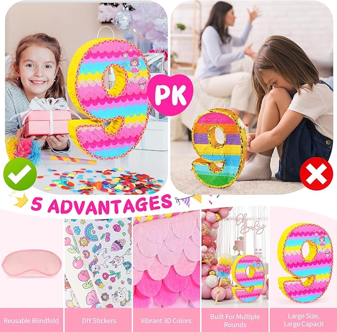 Number 9 Pinata for Birthday Party Decorations Unicorn Mermaid Theme