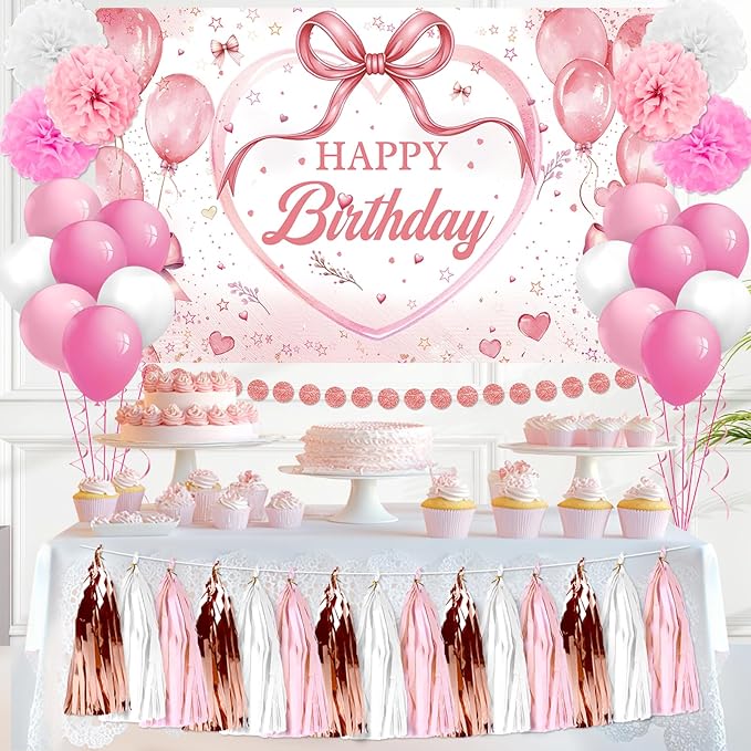 Pink Rose Gold Birthday Decorations for Girls Women Pink Bow Happy