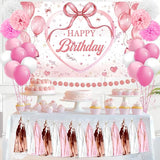 Pink Rose Gold Birthday Decorations for Girls Women Pink Bow Happy