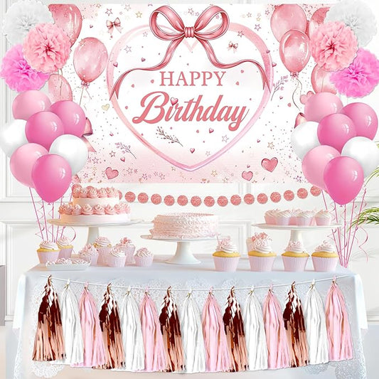 Pink Rose Gold Birthday Decorations for Girls Women Pink Bow Happy