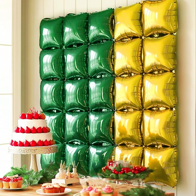 25PCS Christmas Balloons Green Gold Square Foil Balloon Wall
