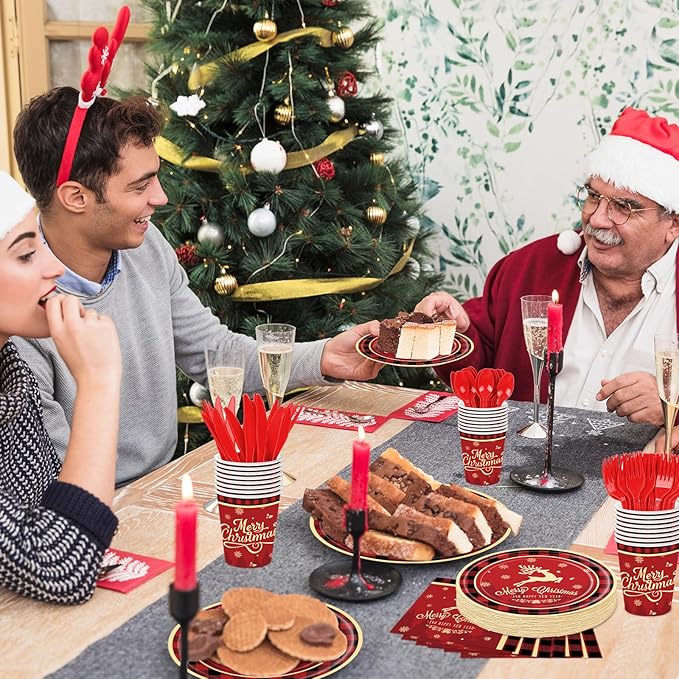 175 Pcs Merry Christmas Party Supplies Set Serves 25 Festive Red and