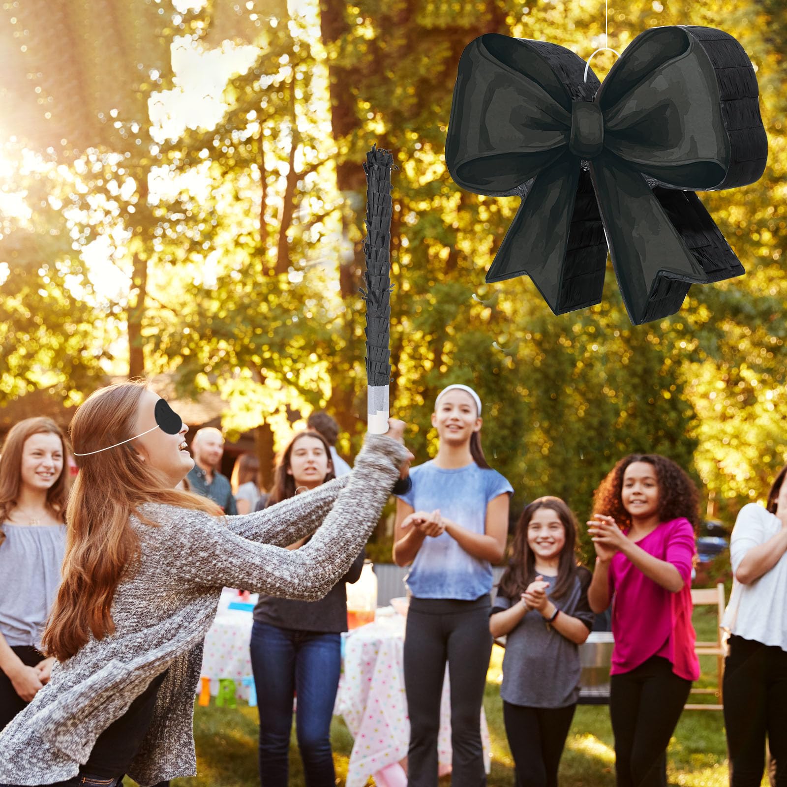 Threan Bow Piñata Bow Party Piñata with Bat Stick Blindfold Mask