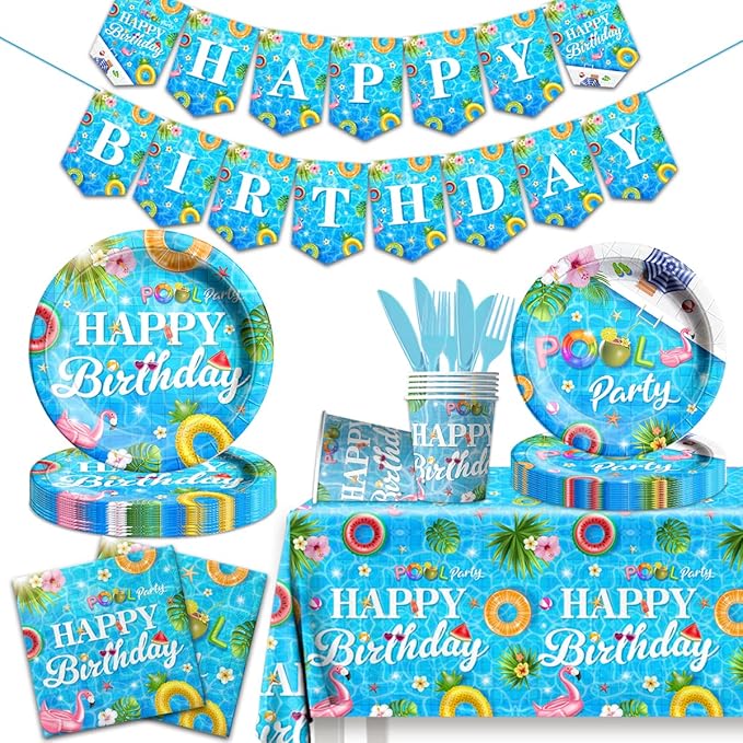 142 Pieces Pool Birthday Party Supplies Summer Pool Tableware Set