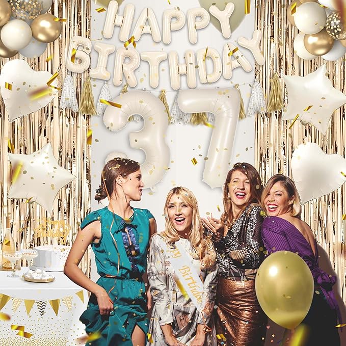 37th Birthday Decorations for Women, White and Gold 37 Boho Birthday