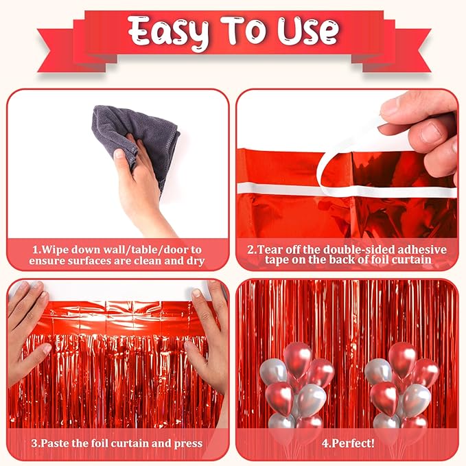 Voircoloria 3 Pack 3.3x8.2 Feet Red Foil Fringe Backdrop Curtains,