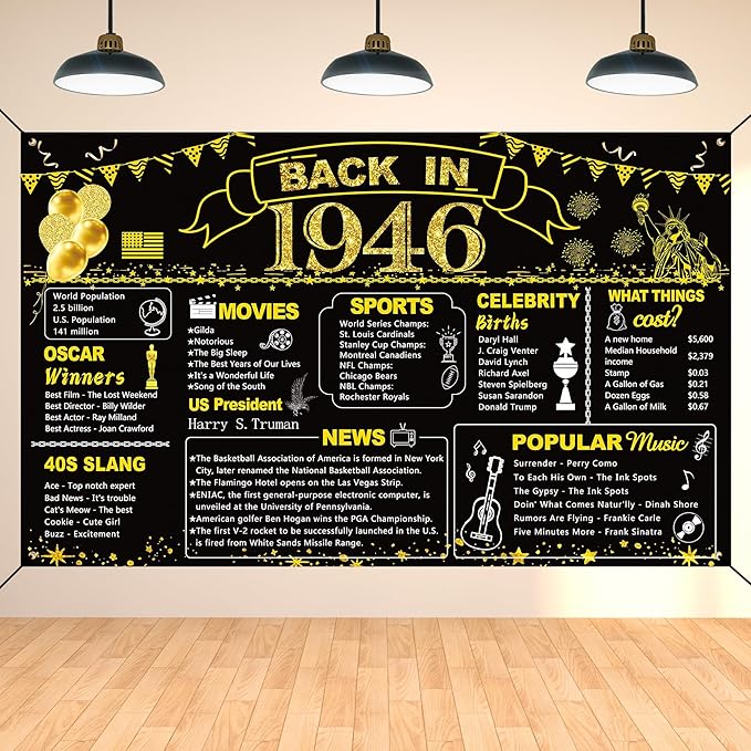 DARUNAXY 80th Birthday Black Gold Party Decoration, Back in 1946