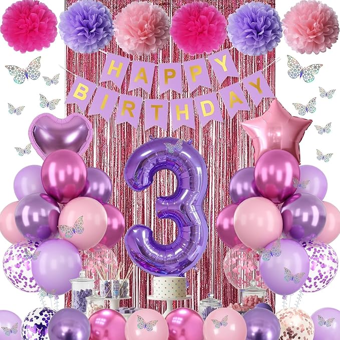 Pink Purple 3rd Birthday Party Decorations for Girls Number 3