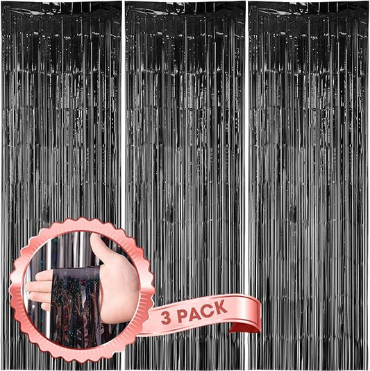 Voircoloria 3 Pack 3.3 x 8.2 ft Laser Black Foil Fringe Backdrop