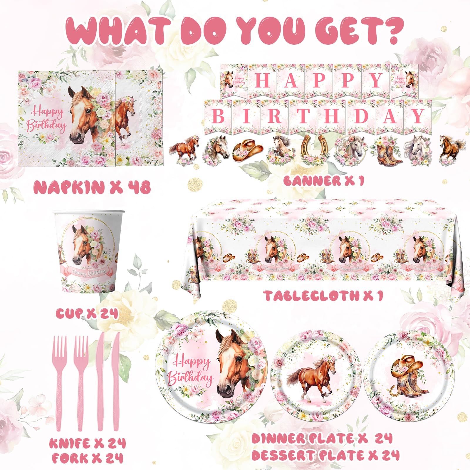 Horse Birthday Decorations Tableware,171PCS Cowgirl Floral Themed