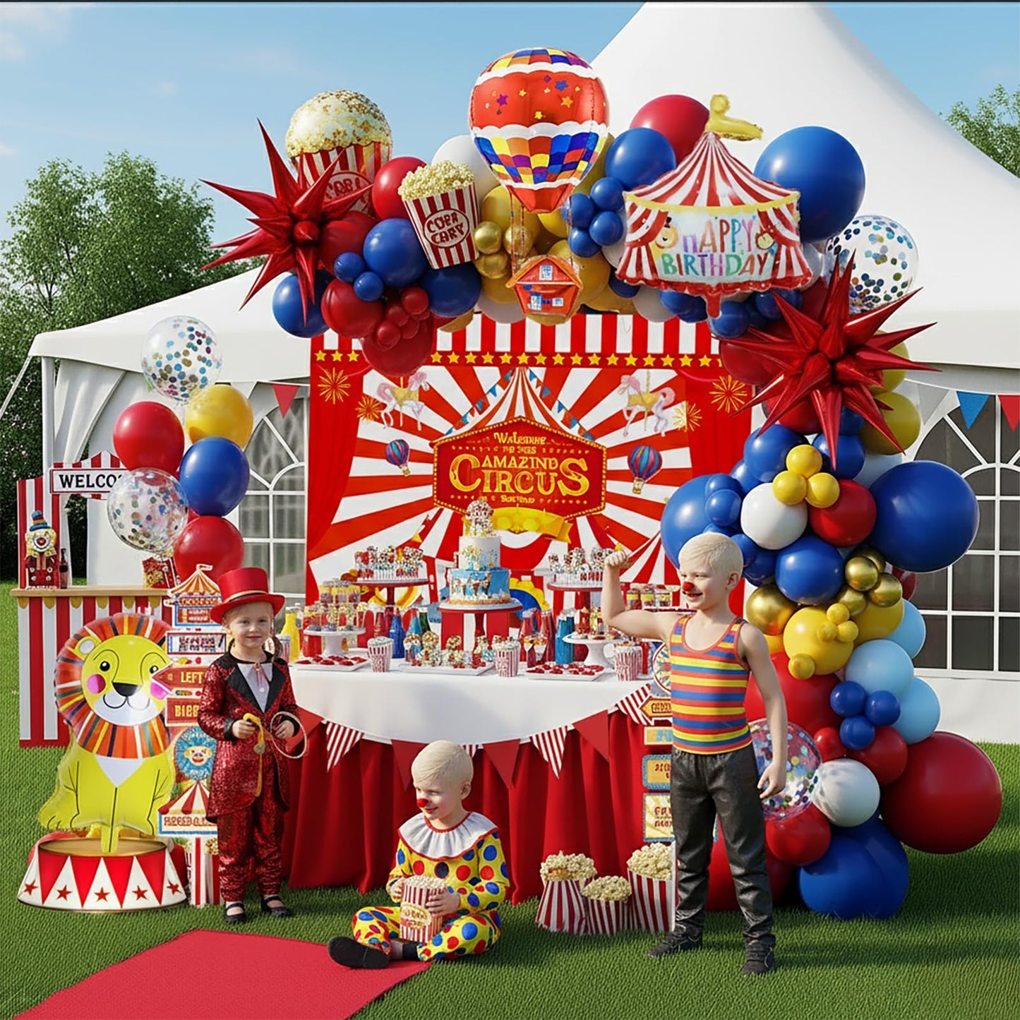 Circus Theme birthday party decorations & include red yellow blue