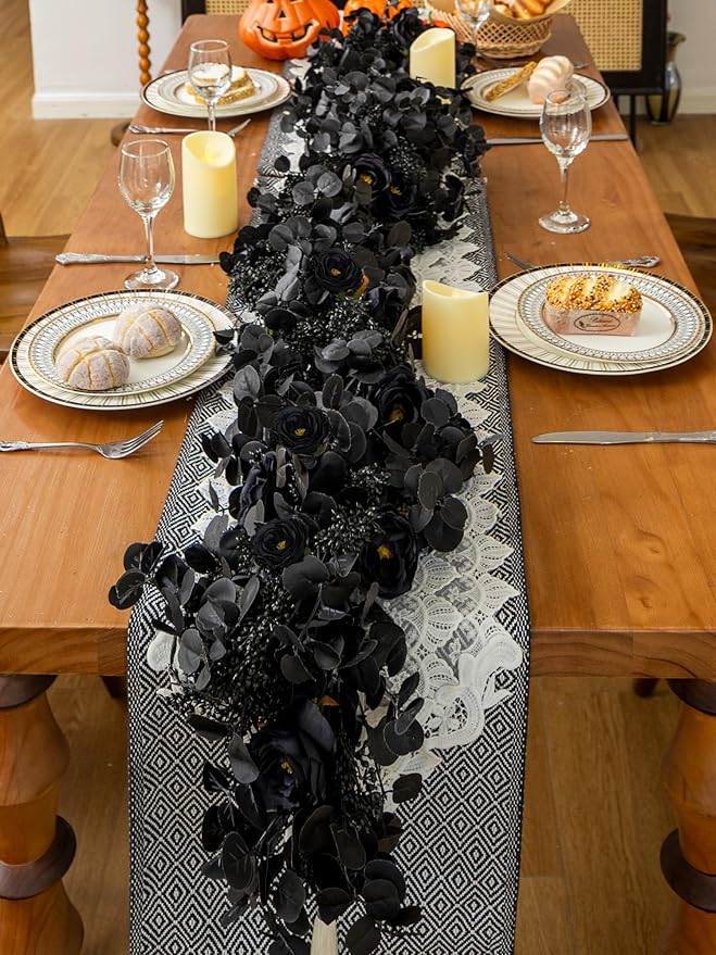 6FT Black Halloween Garland with 10 Black Rose and Berries