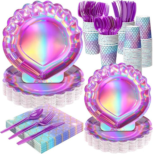 144 Pcs Iridescent Pink Mermaid Party Birthday Supplies Paper