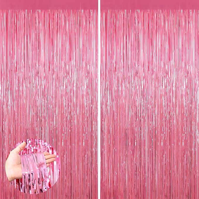 Pink Metallic Tinsel Foil Fringe Curtains, 2 Pack 3.3x8.3 Feet Party
