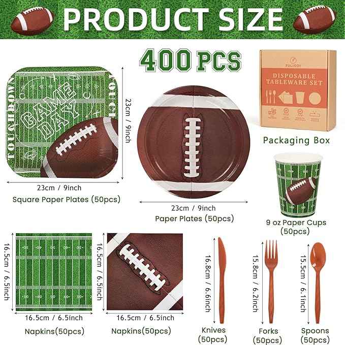 400 Pcs Football Party Supplies Paper Round Square Plates and