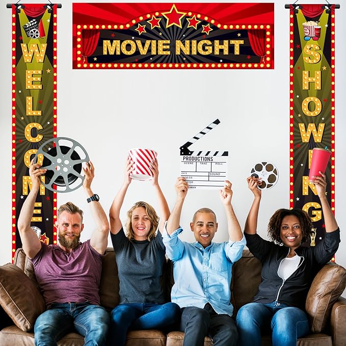 3 Pieces Light Movie Night Porch Sign Banner LED Movie Theme Party