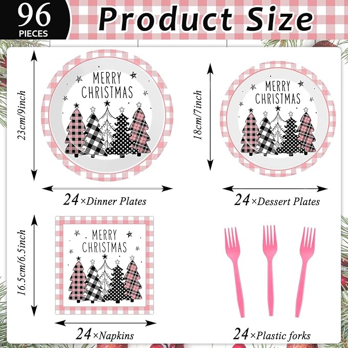 96PCS Merry Christmas Tree Party Plates and Napkins Pink Gingham