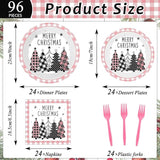96PCS Merry Christmas Tree Party Plates and Napkins Pink Gingham