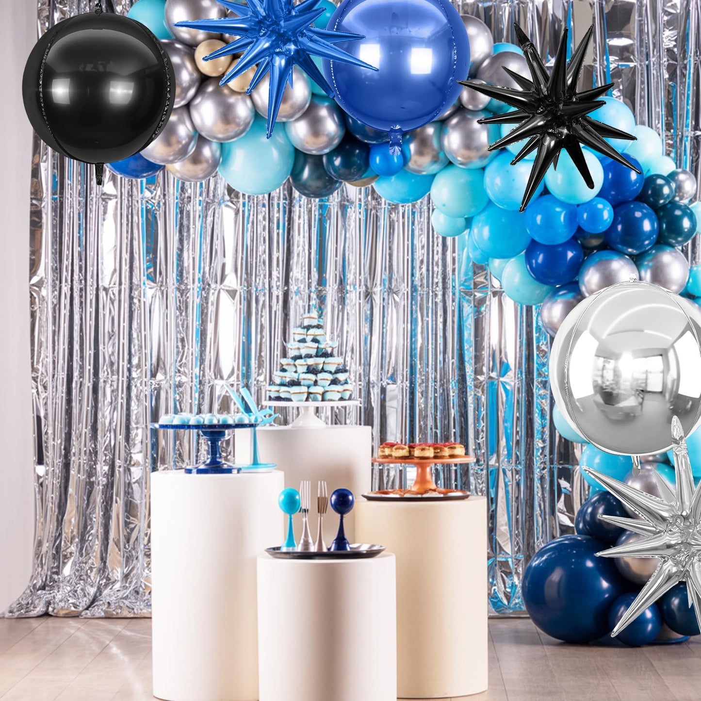 6Pcs Black Blue Silver Foil Balloons,22Inch Black Blue 4D Round Ball