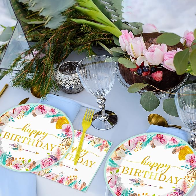 96 Pieces Happy Birthday Party Plates Napkins Boho Decorations Gold