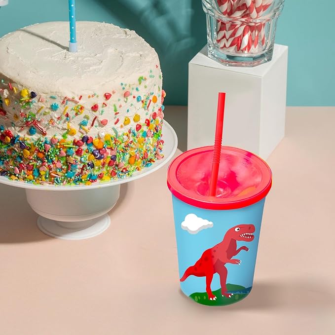Dinosaur Cups for Kids Party with Straw and Lid Set of 12 Dino Cups