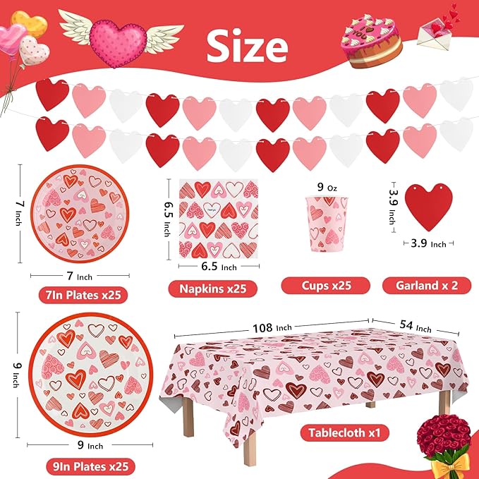 Valentines Day Decorations Party Supplies Set for 25 Disposable