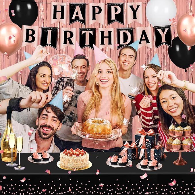 Rose Gold Birthday Party Decorations 63Pcs Rose Gold and Black Happy