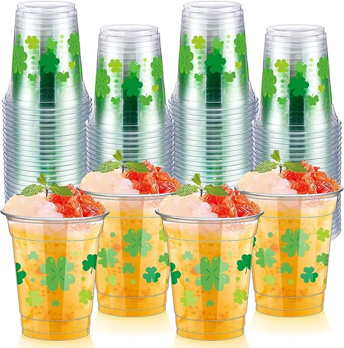 50 Pcs St Patrick's Day Cups 12 oz Plastic Shamrock Glasses Clear