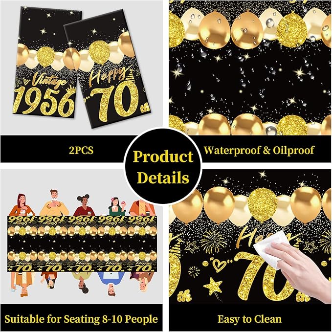 Uiorgui 2pcs 70th Birthday Tablecloth, Black Gold 70th Birthday