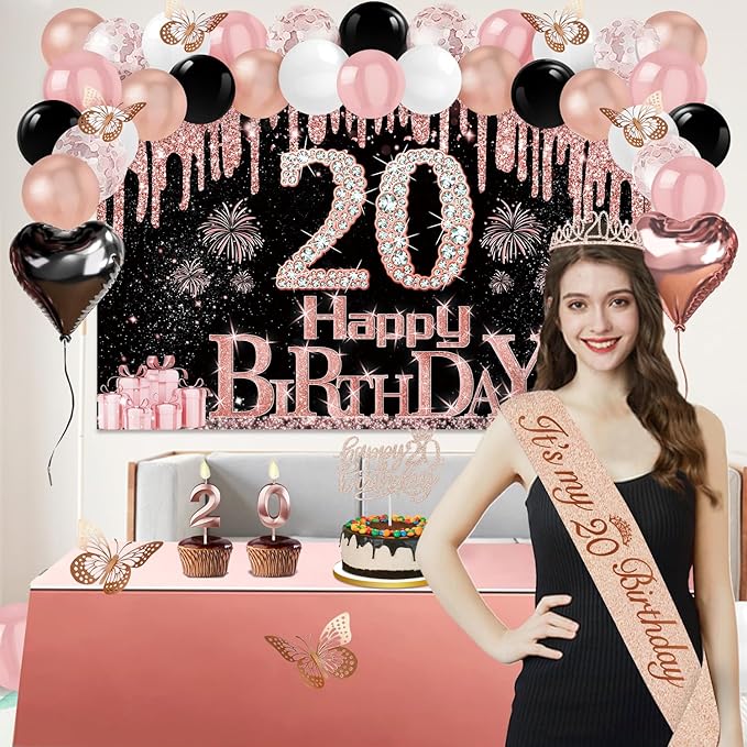 20th Birthday Decorations for Her 49pcs Black Rose Gold Black Banner