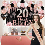 20th Birthday Decorations for Her 49pcs Black Rose Gold Black Banner