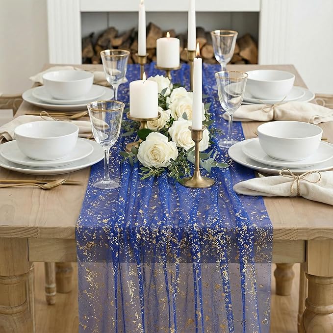Artoid Mode Blue Gold Gauze Table Runner 59x120 Inch 10FT, Glitter
