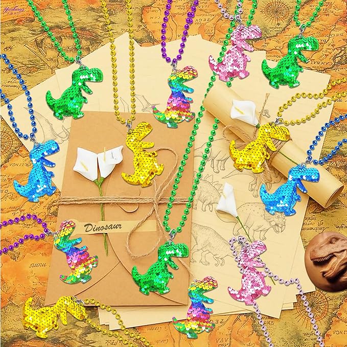 15 Pack Dinosaur Sequin Necklace Party Favors with Mardi Gras Beads