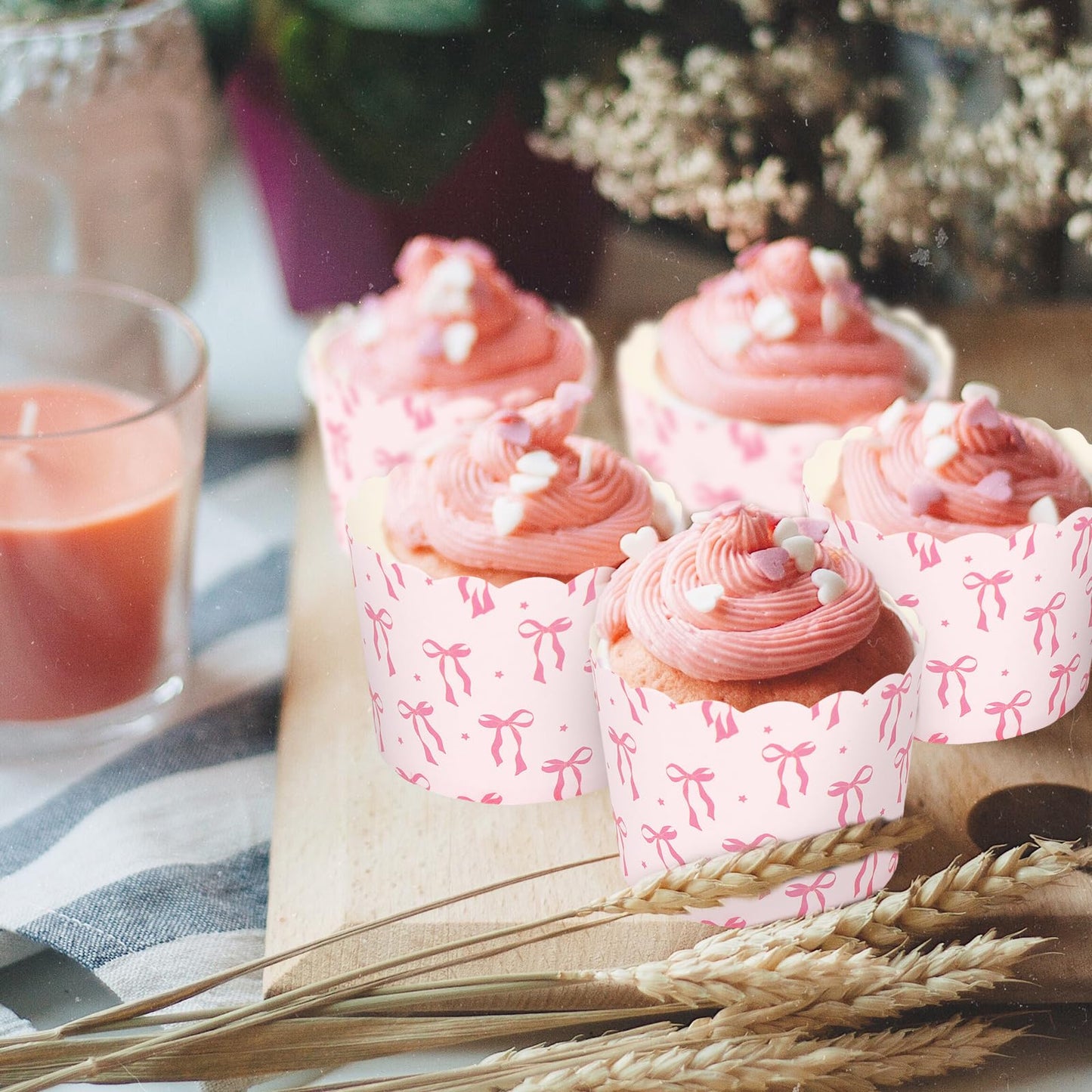 JarThenaAMCS 100Pcs Pink Bow Paper Baking Cups Bowknot Cupcake