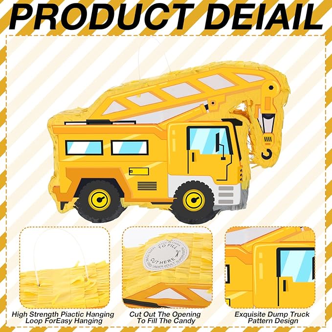 Construction Truck Piñata with Blindfold Bat and Confetti