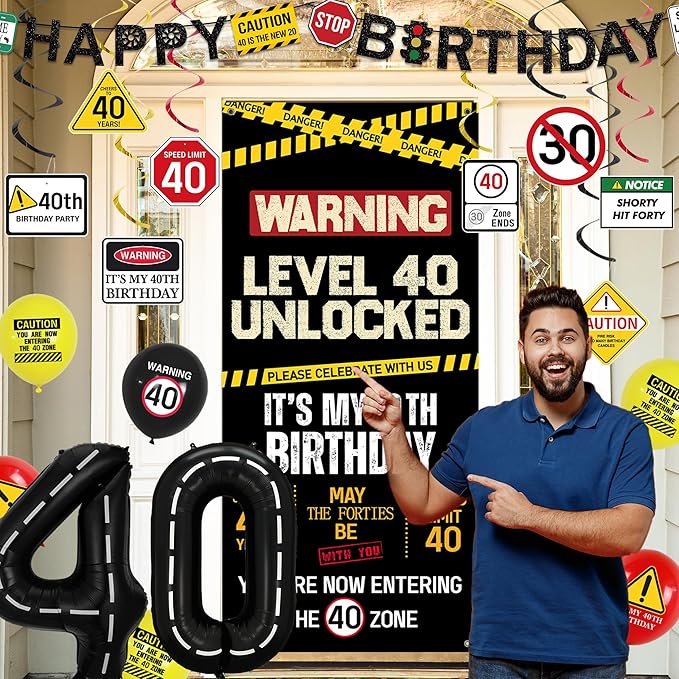 40th Birthday Decorations Men Women Caution Logo Level 40 Unlocked