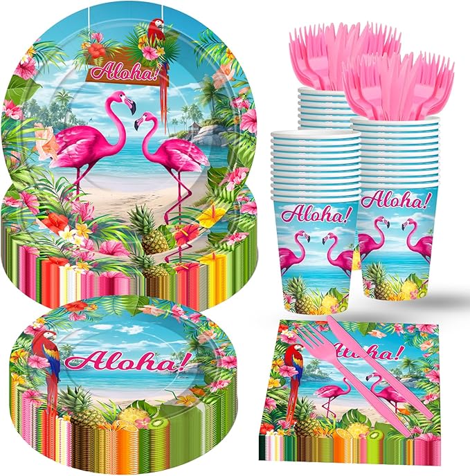 Flamingo Party Supplies 144 PCS Tropical Hawaiian Luau Decorations