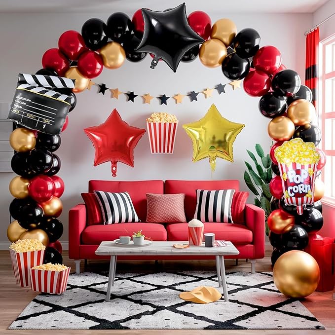 Movie Night Balloon Garland Arch Kit Red Black Gold Balloons with