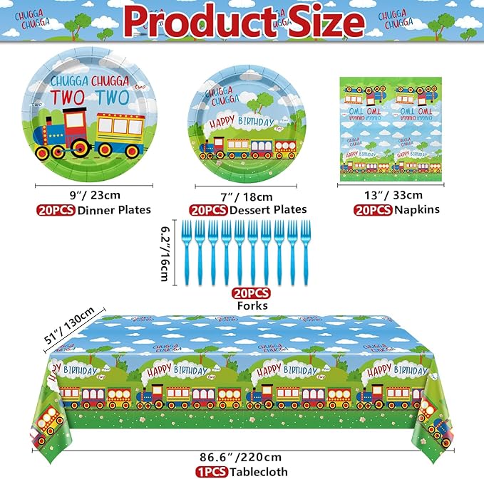 81Pcs Train 2nd Birthday Decorations Including Paper Plates Napkins