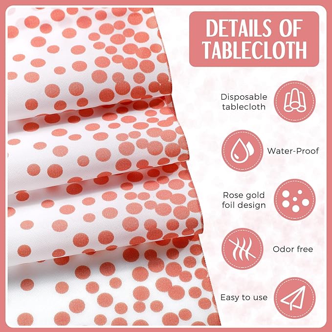 Breling 8 Pack White and Rose Gold Disposable Plastic Tablecloths and