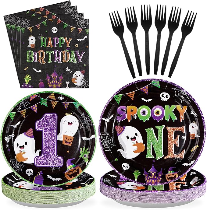 96Pcs Halloween 1st Birthday Party Supplies Spooky One Party Plates