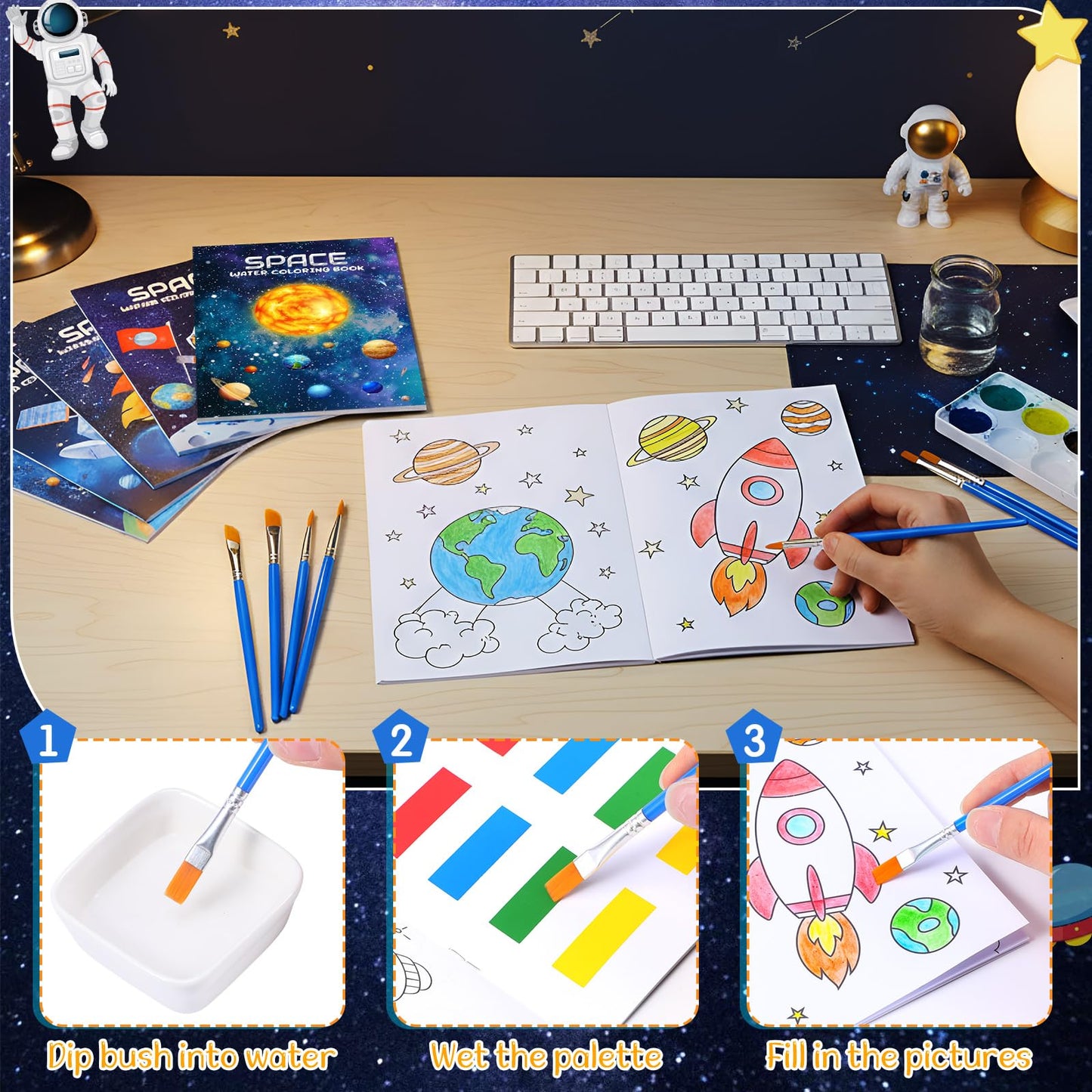24 Pack Space Paint with Water Books for Kids, Mini Watercolor
