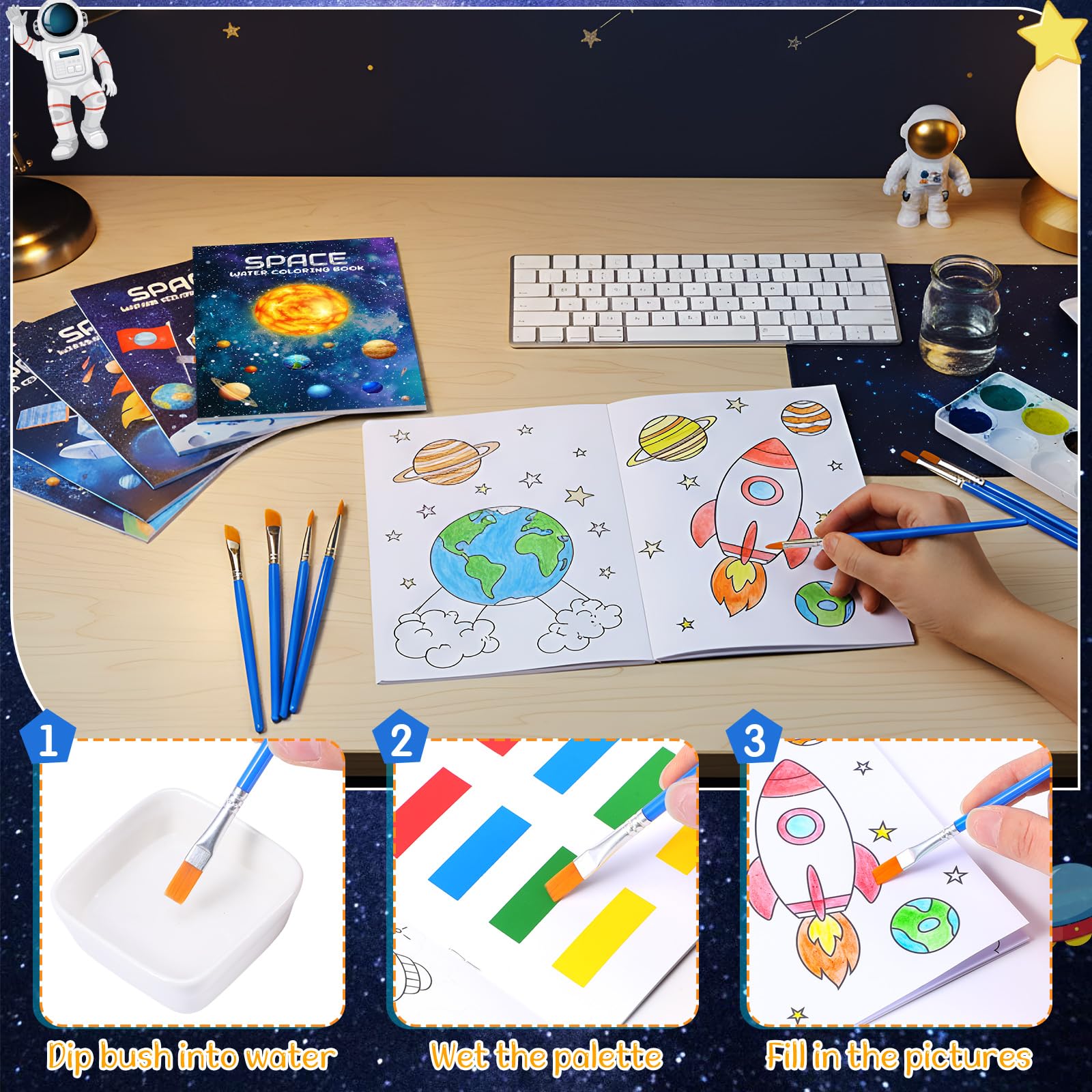 24 Pack Space Paint with Water Books for Kids, Mini Watercolor